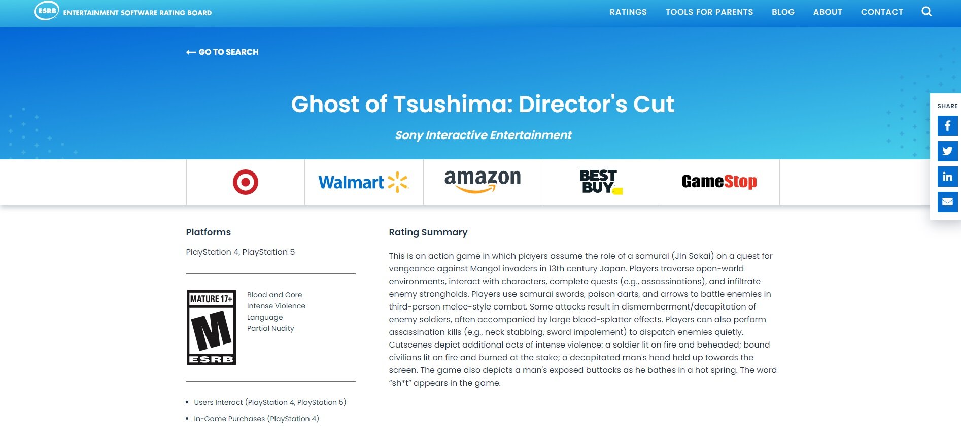 Ghost of Tsushima: Director's Cut has been rated for PS5 and PS4