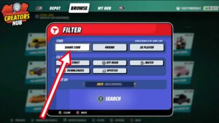 Ein Screenshot, der zeigt, wie man Share Codes in Lego 2K Drive verwendet.