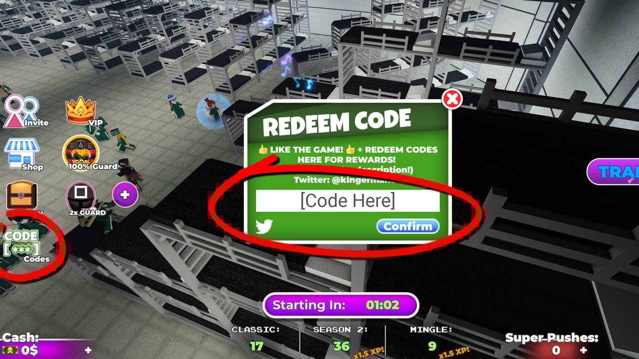 Codes for Squid Game X, Shrimp Game, Carousel Game, and more (January