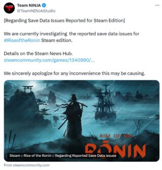 Team Ninja is investigating reports that Rise of the Ronin on PC is cleaning Save data