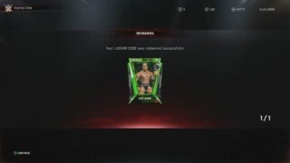 A screen capture of the MyFaction mode of WWE 2K25, which shows a locker code that is being redeemed.
