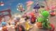 A group of colorful Yoshis race across a bridge.
